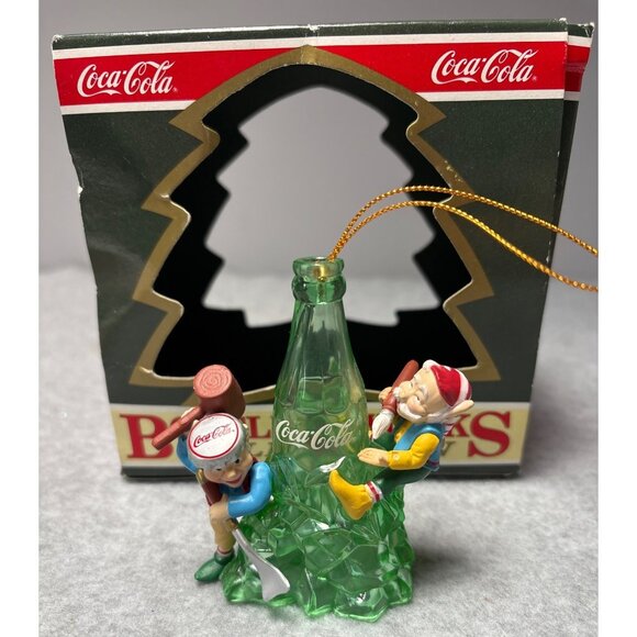Coca-Cola Bottling Works Collection Ornament 1994 Elves Climbing Green Coke Bott - Picture 1 of 11
